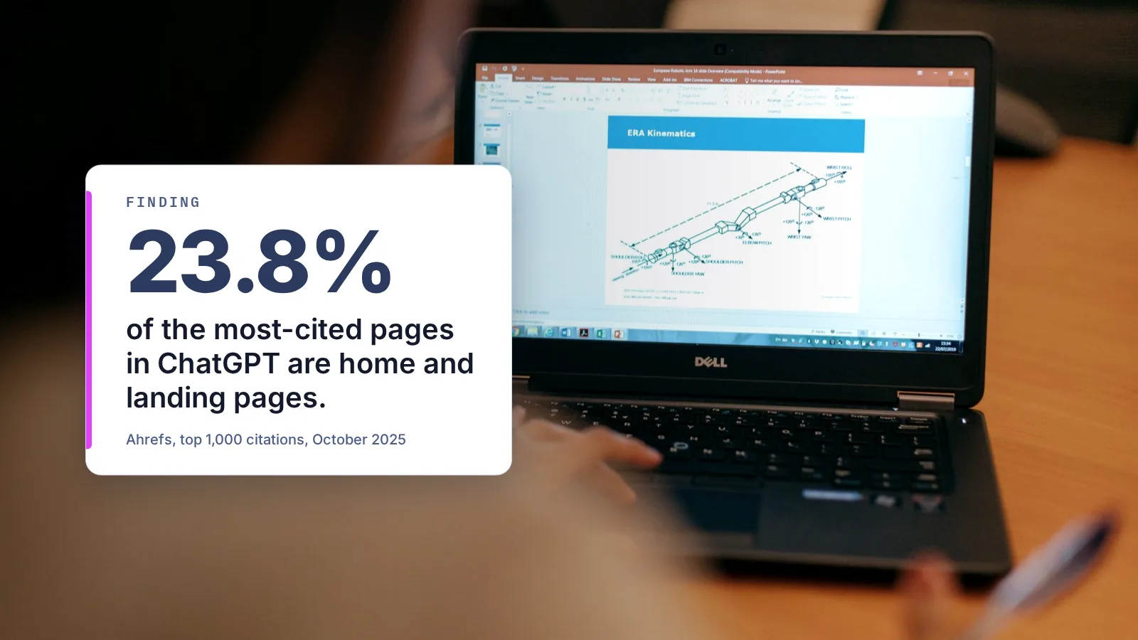 Laptop showing a presentation in an office; overlaid finding: 23.8% of the most-cited pages in ChatGPT are home and landing pages (Ahrefs)