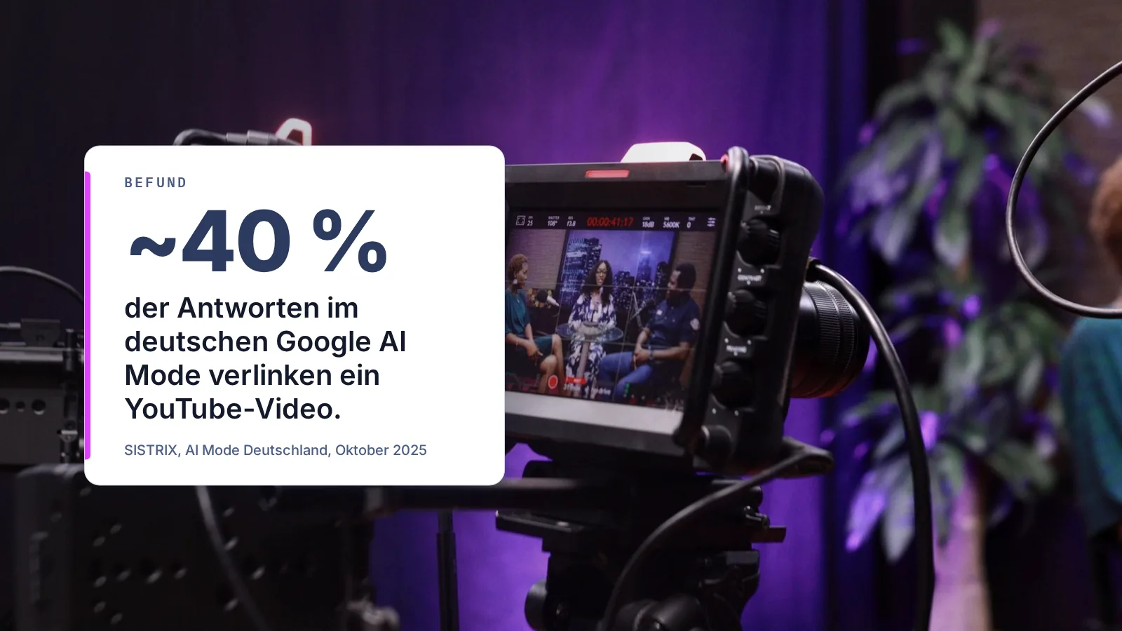 Videokamera bei einer Aufnahme; eingeblendeter Befund: rund 40 % der Antworten im deutschen Google AI Mode verlinken ein YouTube-Video (SISTRIX)
